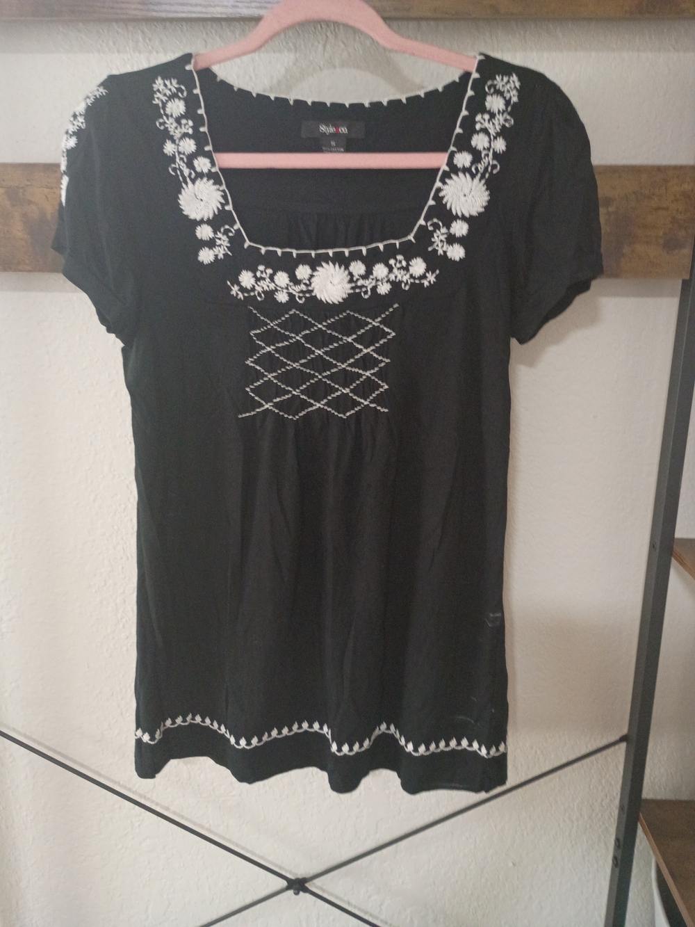 Style & Co. Black Short-Sleeve Tunic with White Floral Embroidery